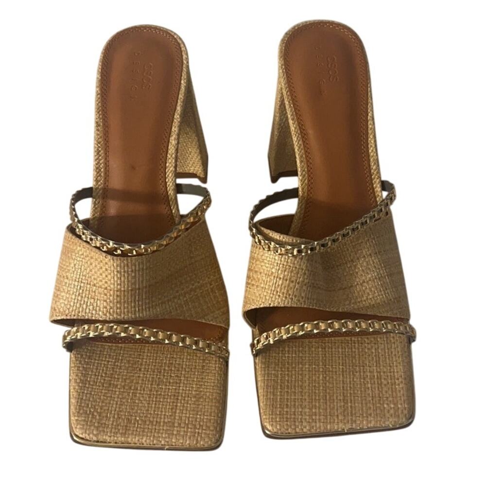 Asos Design Block Heeled Mules In Natural Color And Gold Chain Sz 11 - Excellent